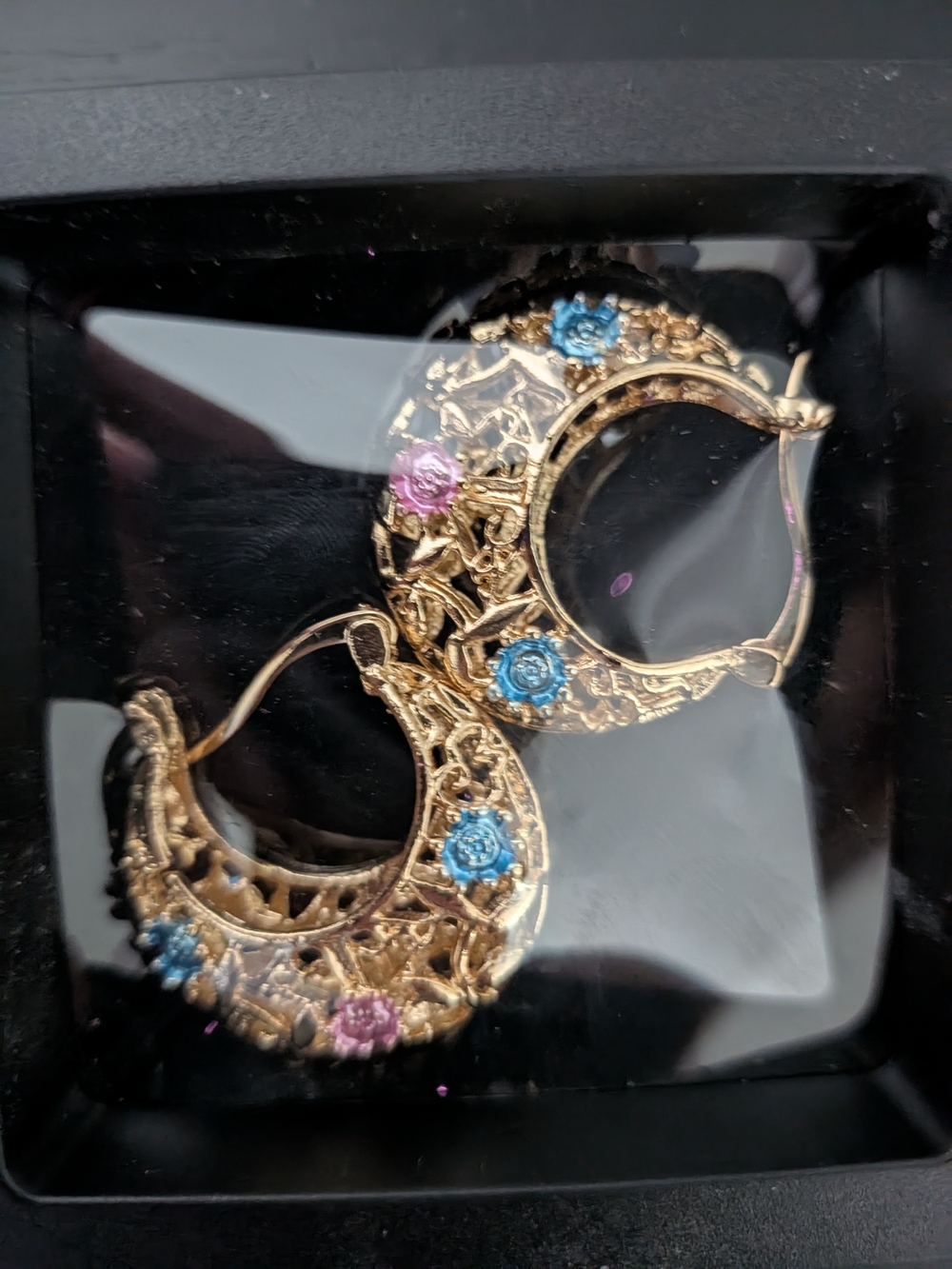 Gold Filigree Hoop Earrings with Blue & Pink Stones